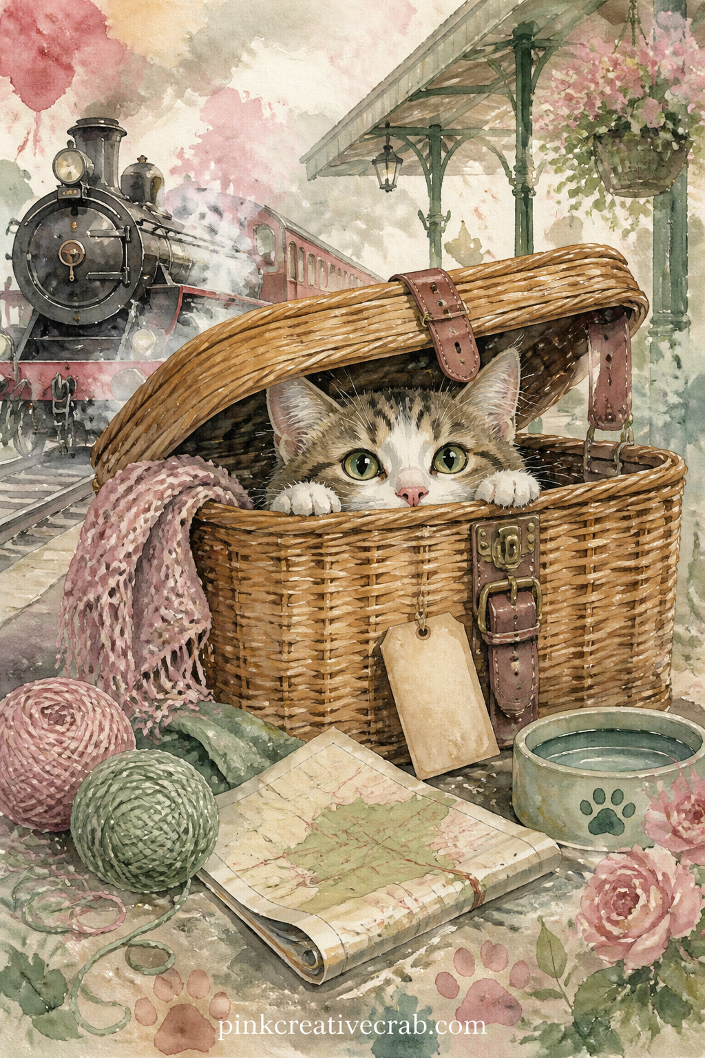 Cat Peeking From A Travel Basket printable page — If your journal follows a trip, this page belongs near the start: a cat peering out of a wicker travel basket