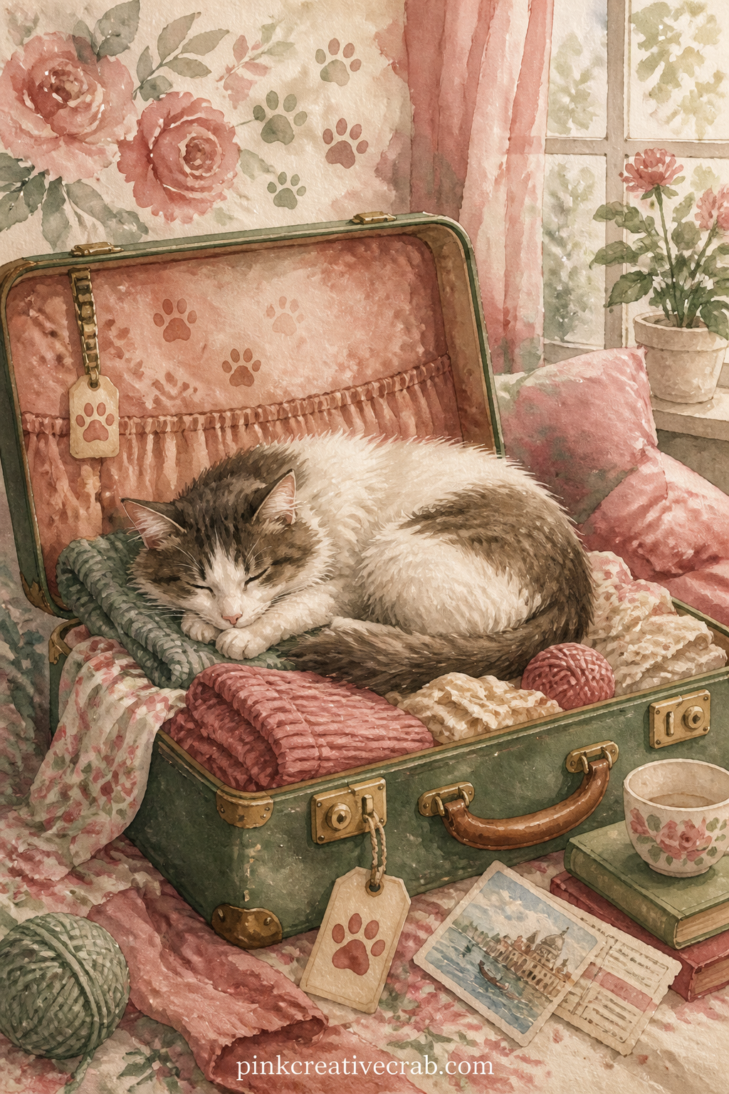 Cat Curled In A Suitcase printable page — A cat has settled into an open half packed suitcase, with folded clothes, a luggage label and a pair of travel
