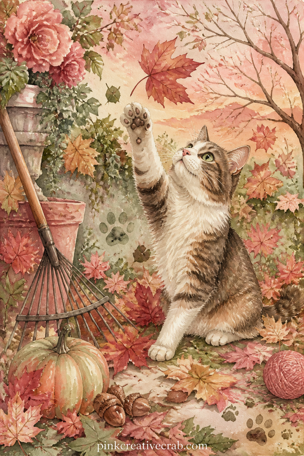 Cat Among Falling Autumn Leaves printable page — Write what season it is where you are right now, because this page works just as well glued in during a grey