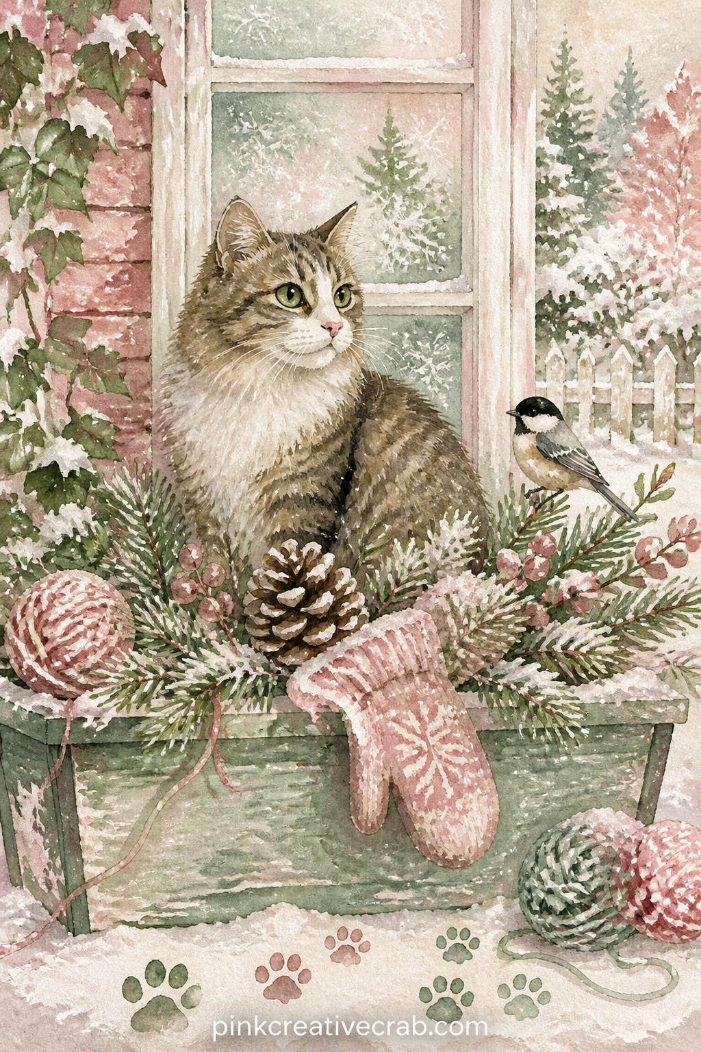 Cat In A Snowy Window Box printable page — Settles a cat into a window box lined with snow, with a pinecone, a woollen mitten and a small bird perched nearby