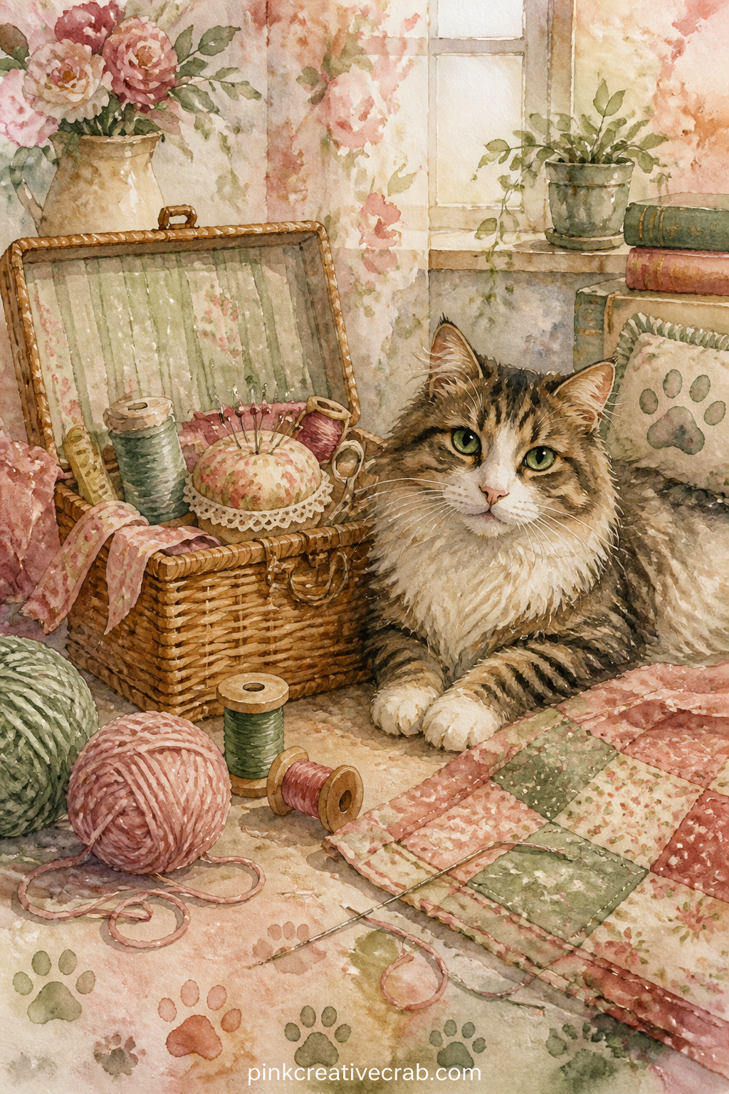 Cat Beside A Sewing Basket printable page — The usual mistake here is drawing every spool of thread the same size: vary them so the sewing basket looks lived