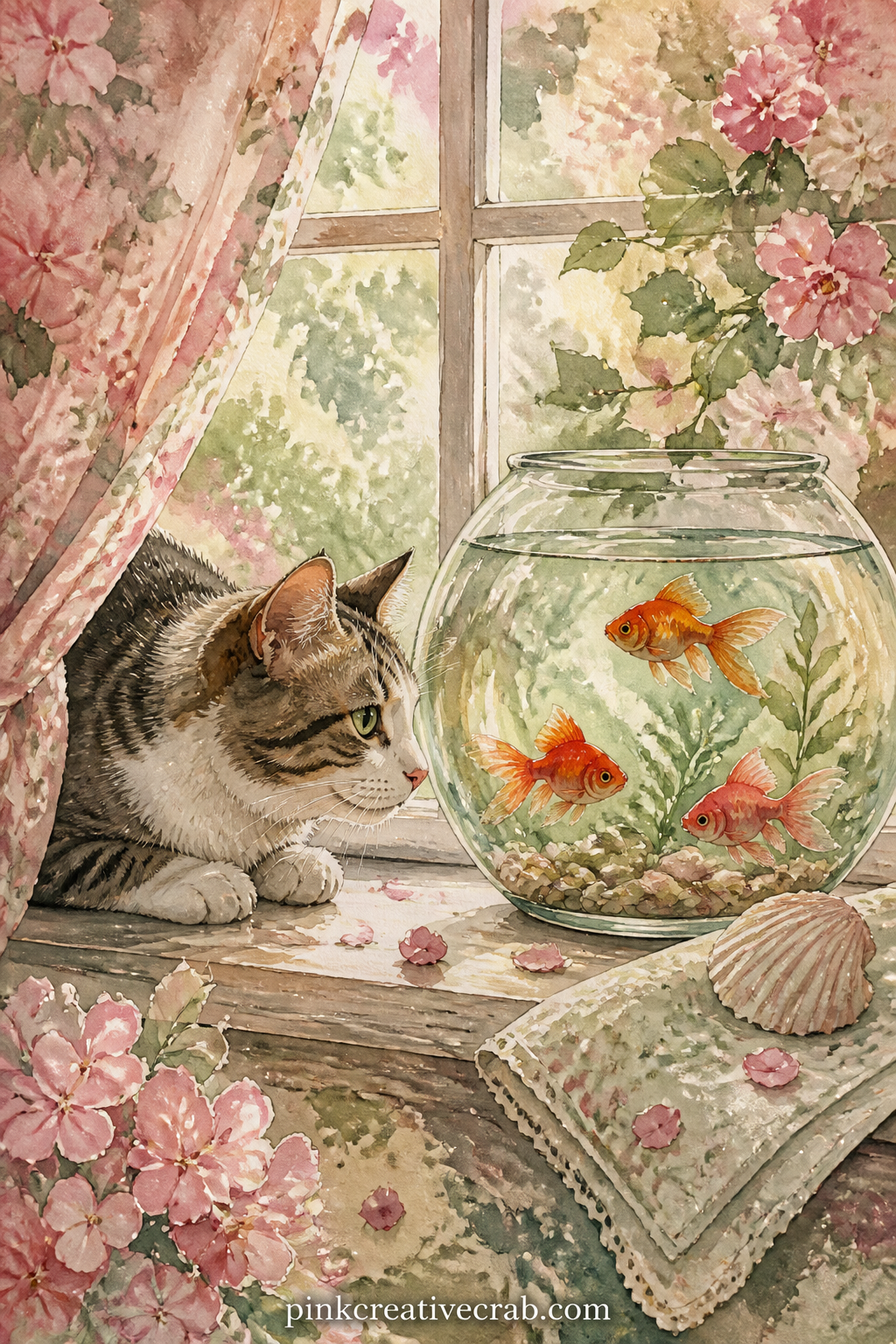 Cat Watching A Fishbowl Of Goldfish printable page — Match this page with the gingham background sheet in this set if you want a quiet pair of facing pages