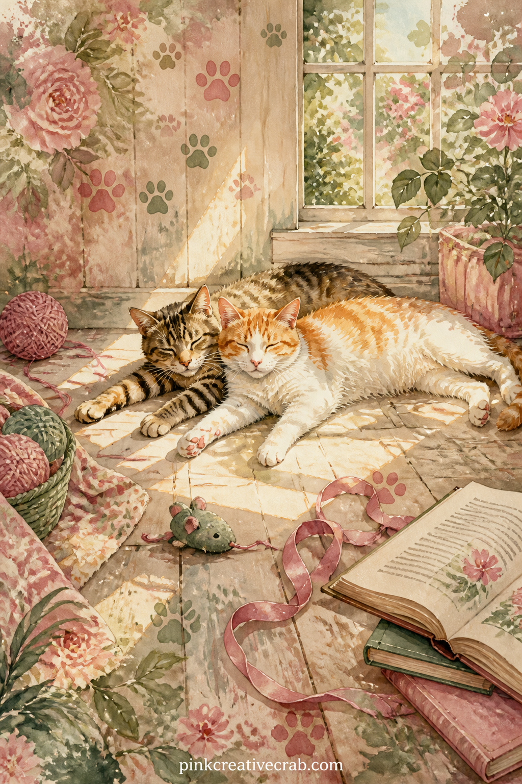 Two Cats Sharing A Sunbeam printable page — Shares one wide page between two cats stretched out in the same patch of warm floor light, with a scattered toy