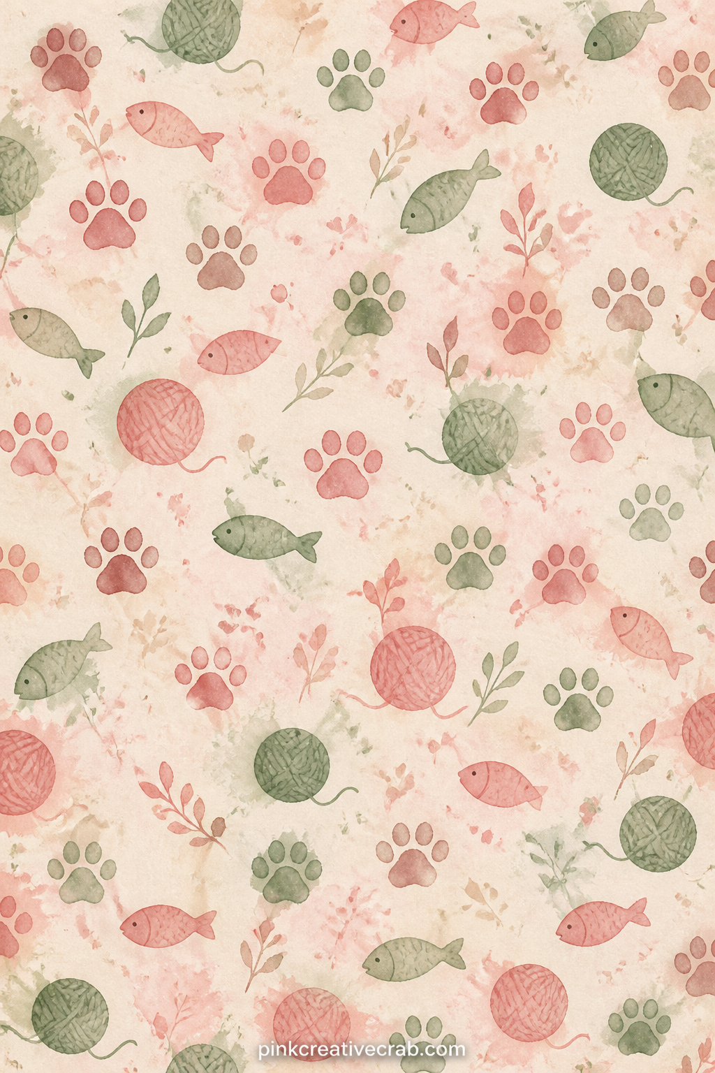 Paw Print And Fish Pattern printable page — Small paw prints and curved fish shapes repeat across the whole sheet in this set's muted palette: use it under a