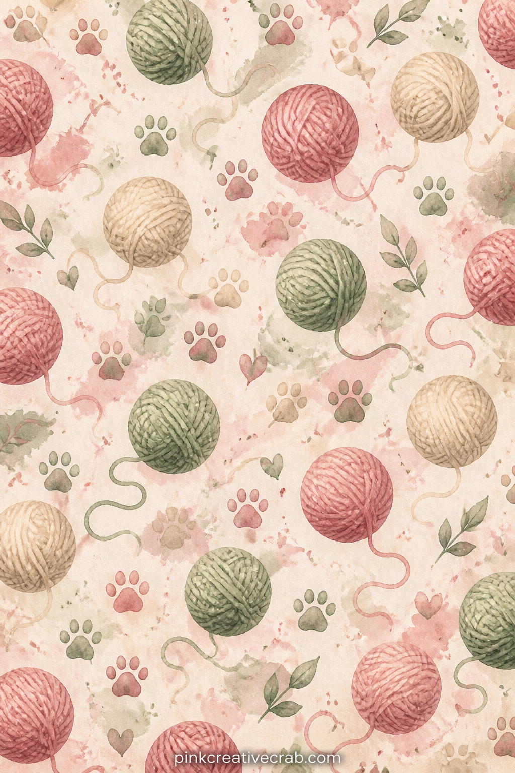 Yarn Ball Toss Pattern printable page — Loose balls of wool in soft colours tumble across this sheet in a loose repeating scatter, good as a lining behind a