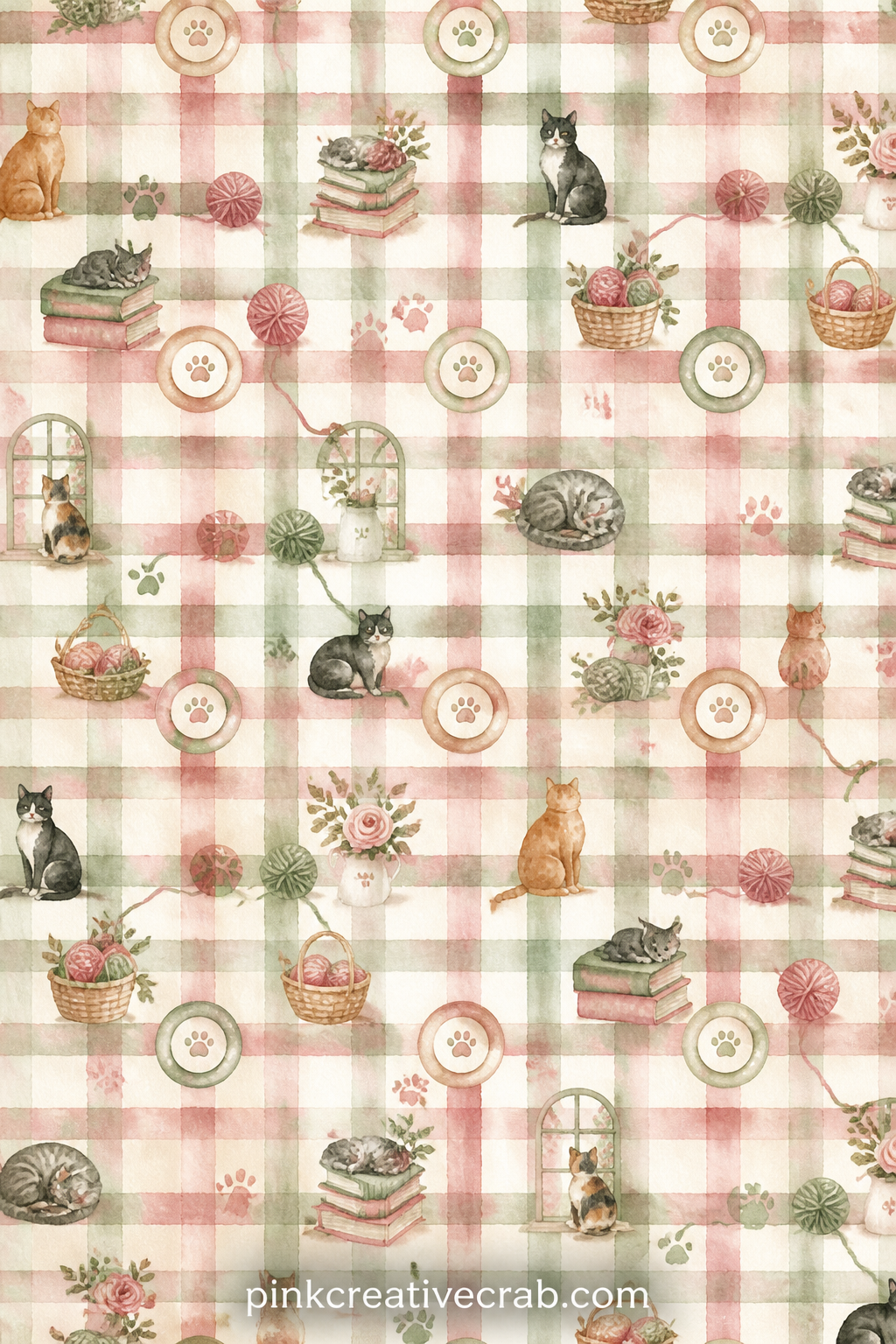 Gingham And Milk Saucer Pattern printable page — A soft checked gingham ground carries small milk saucers at the crossing points, useful behind a kitchen page