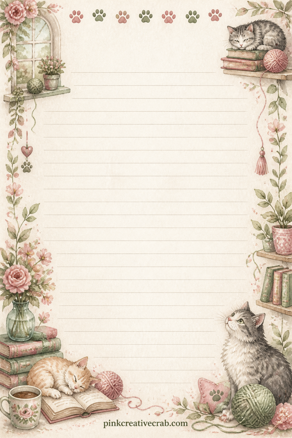 Favourite Things Lined Page printable page — A narrow border of paw prints runs along the top edge of this page, leaving the ruled lines free for a list of