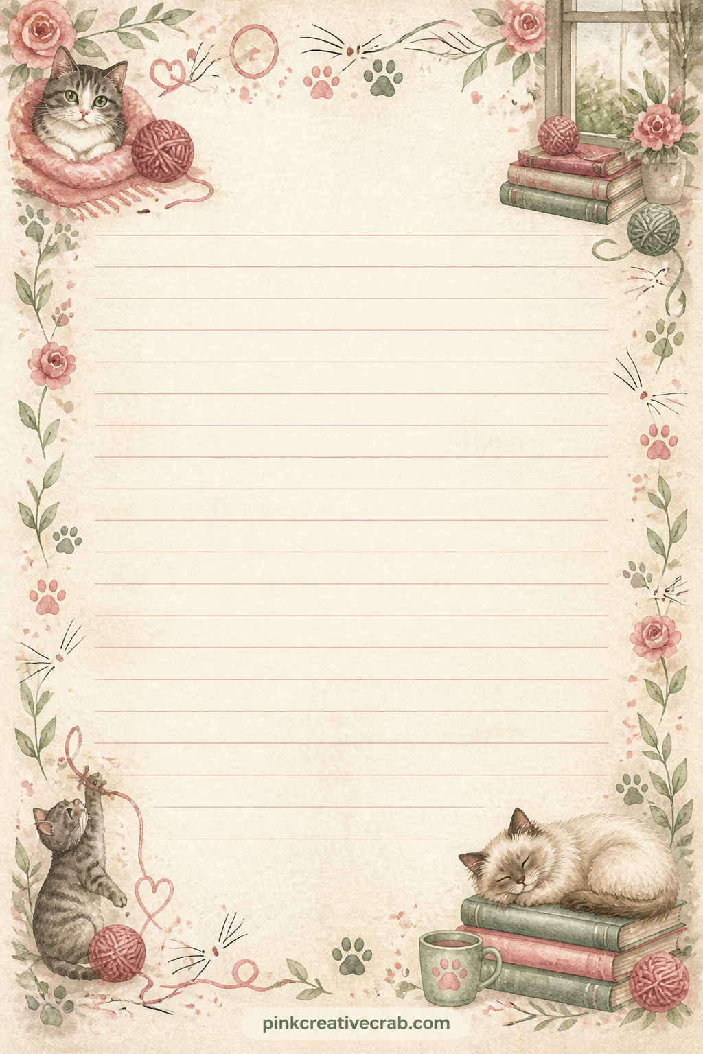 A Letter To My Cat Lined Page printable page — Corner sprays of yarn and whiskers frame this page, which suits a short letter to your cat, a note about the day