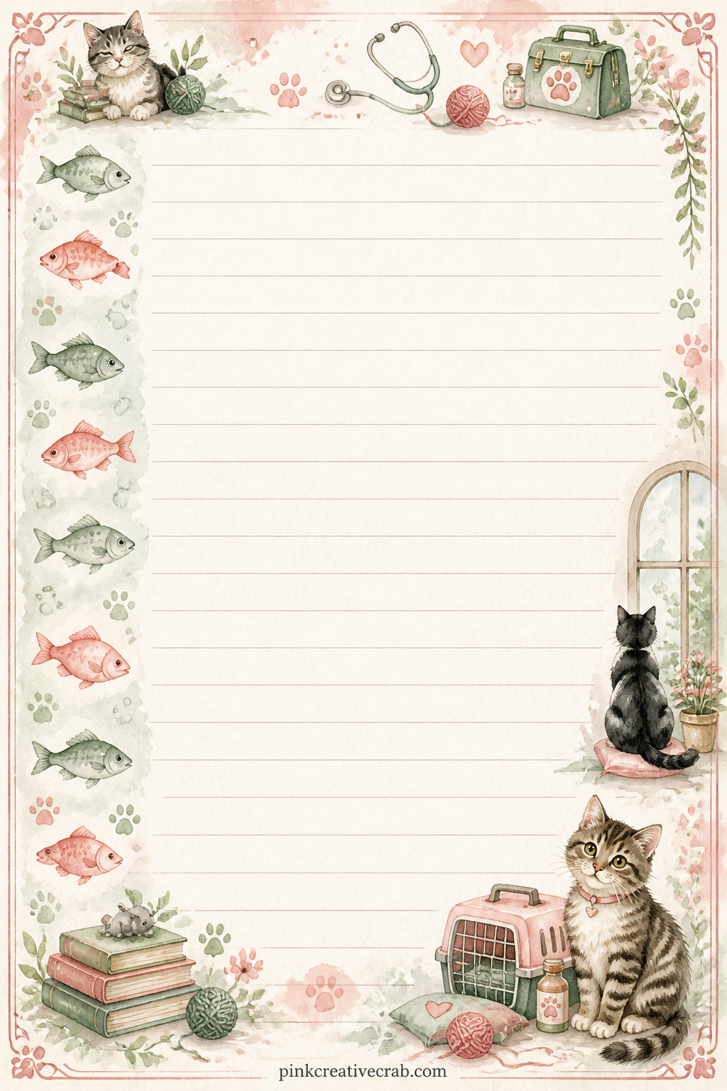 Vet Visits And Milestones Lined Page printable page — A narrow band of fish shapes runs down the left side of this page, good for jotting a vet appointment, a