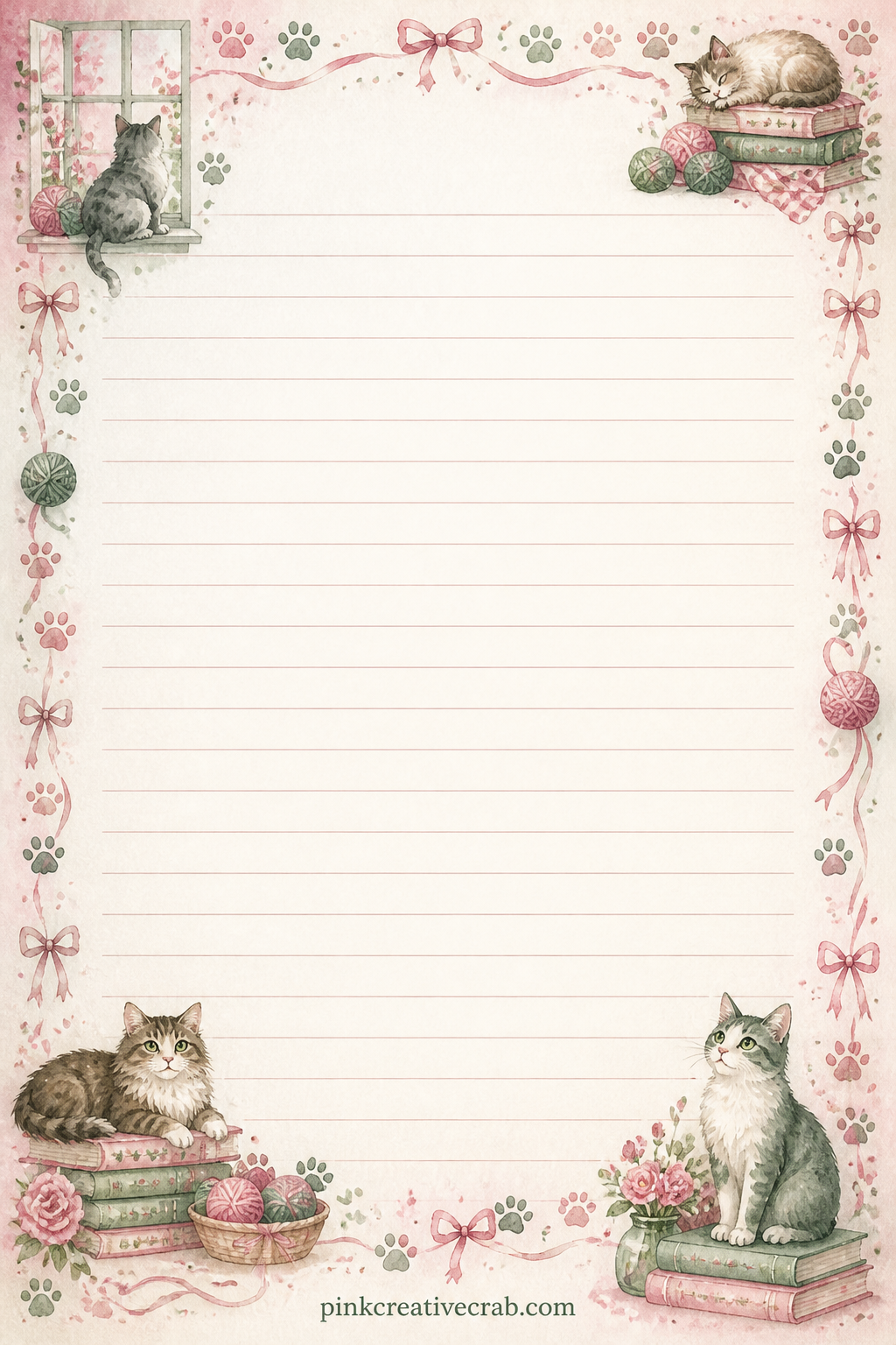Shared With A Cat Lover Lined Page printable page — A light frame of tiny bows and paw prints borders this page, suited to a note written for a friend who