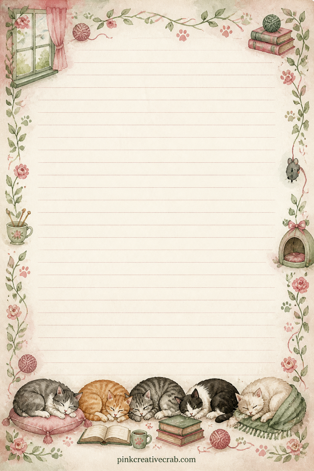 A Cat's Daily Routine Lined Page printable page — Small sleeping cat silhouettes sit along the bottom edge of this page, which works well for writing out a