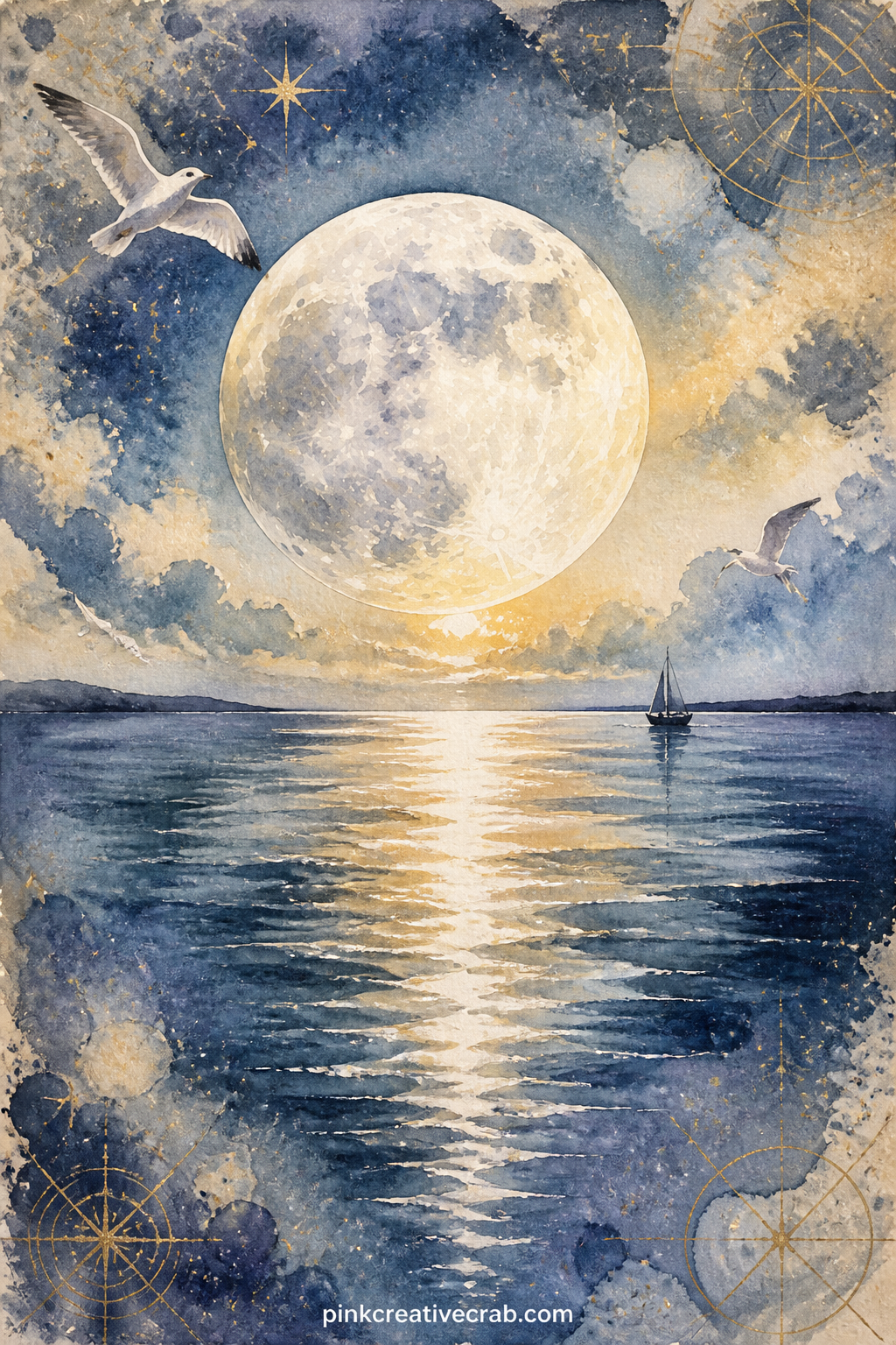 Full Moon Over Still Water printable page — A wide moon hangs low over a calm sea, its light laid down the water in a long pale stripe, with a single boat and