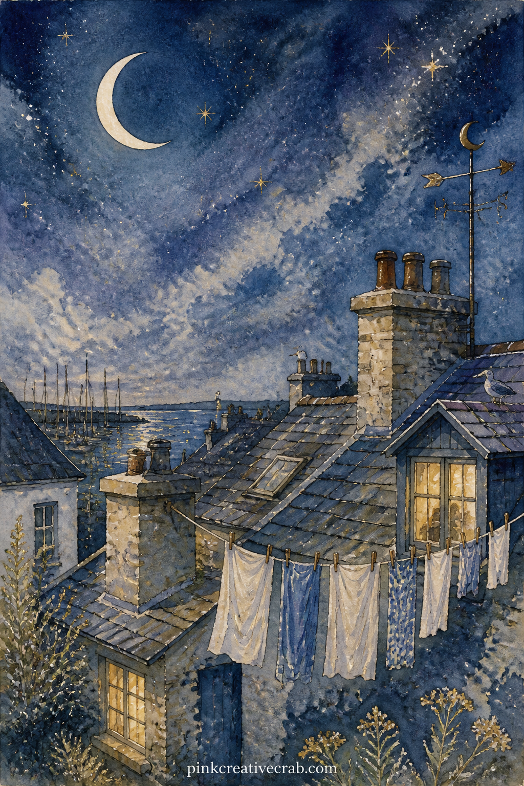 Moonlit Harbour Rooftops printable page — Pair this one with the striped night sky background a few pages on: glue a strip of the background along the bottom