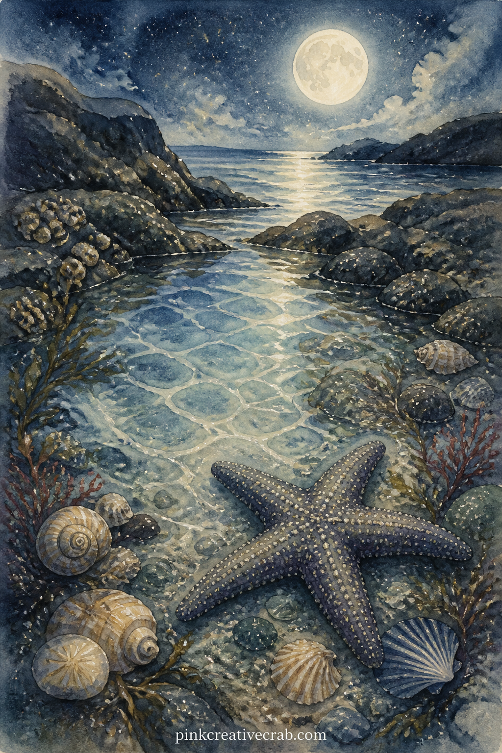 Tide Pool Under Moonlight printable page — Tuck a pressed seaweed frond or a small tide chart torn from a newspaper onto this page before you glue it in, right