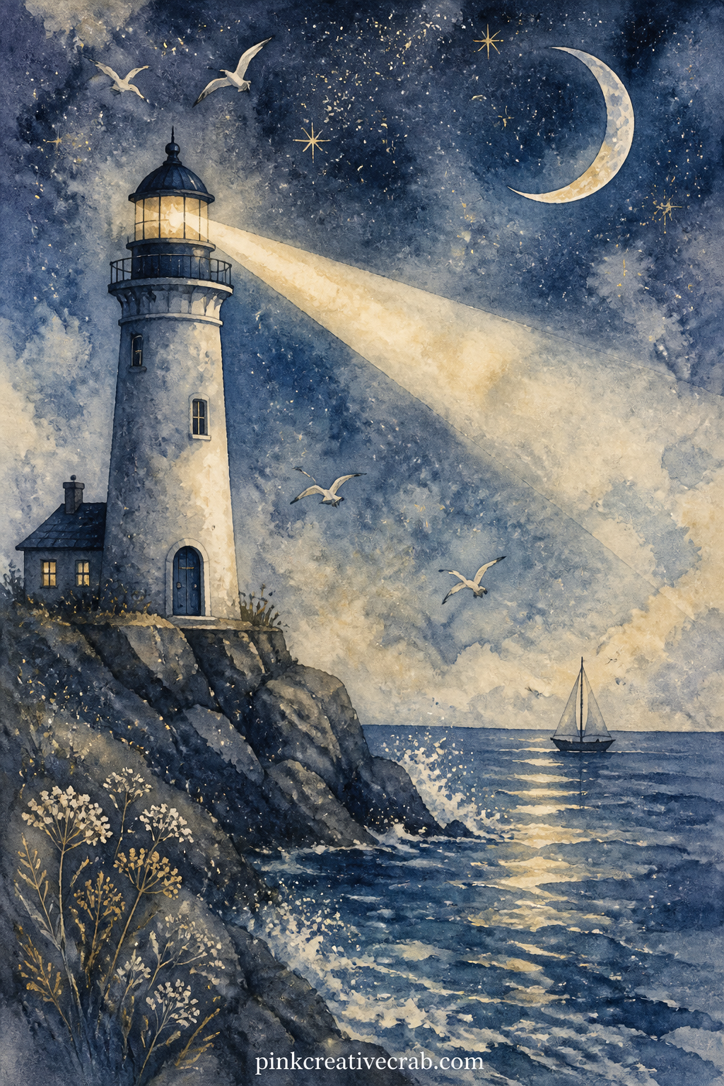 Lighthouse Beam and Crescent Moon printable page — The usual mistake here is treating the lighthouse beam like a hard white stripe. Moon junk journal