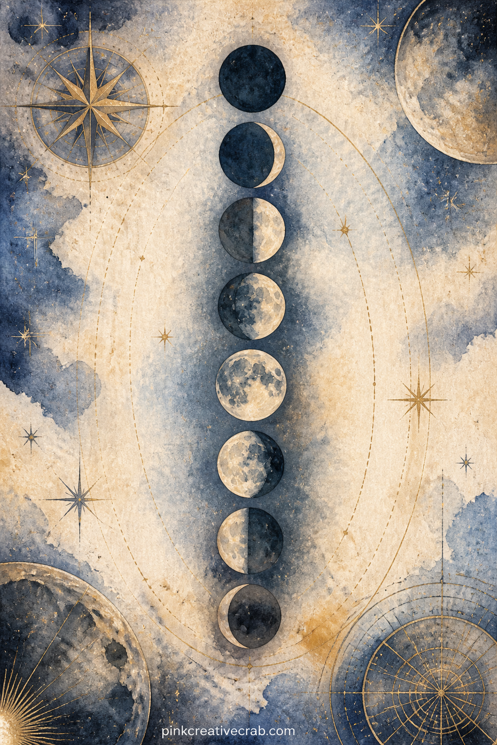 Chart of the Moon's Phases printable page — Eight small moons march in a row across an aged chart, each phase labelled in faded script, with a compass rose and