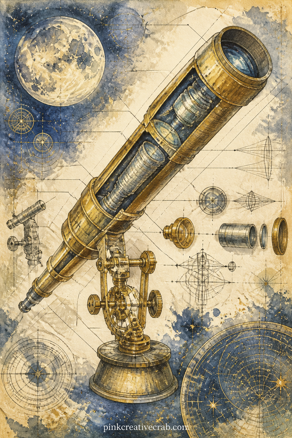 Telescope Diagram and Notes printable page — Place this page right after the zodiac wheel in your spread: the diagram's straight lines balance the wheel's