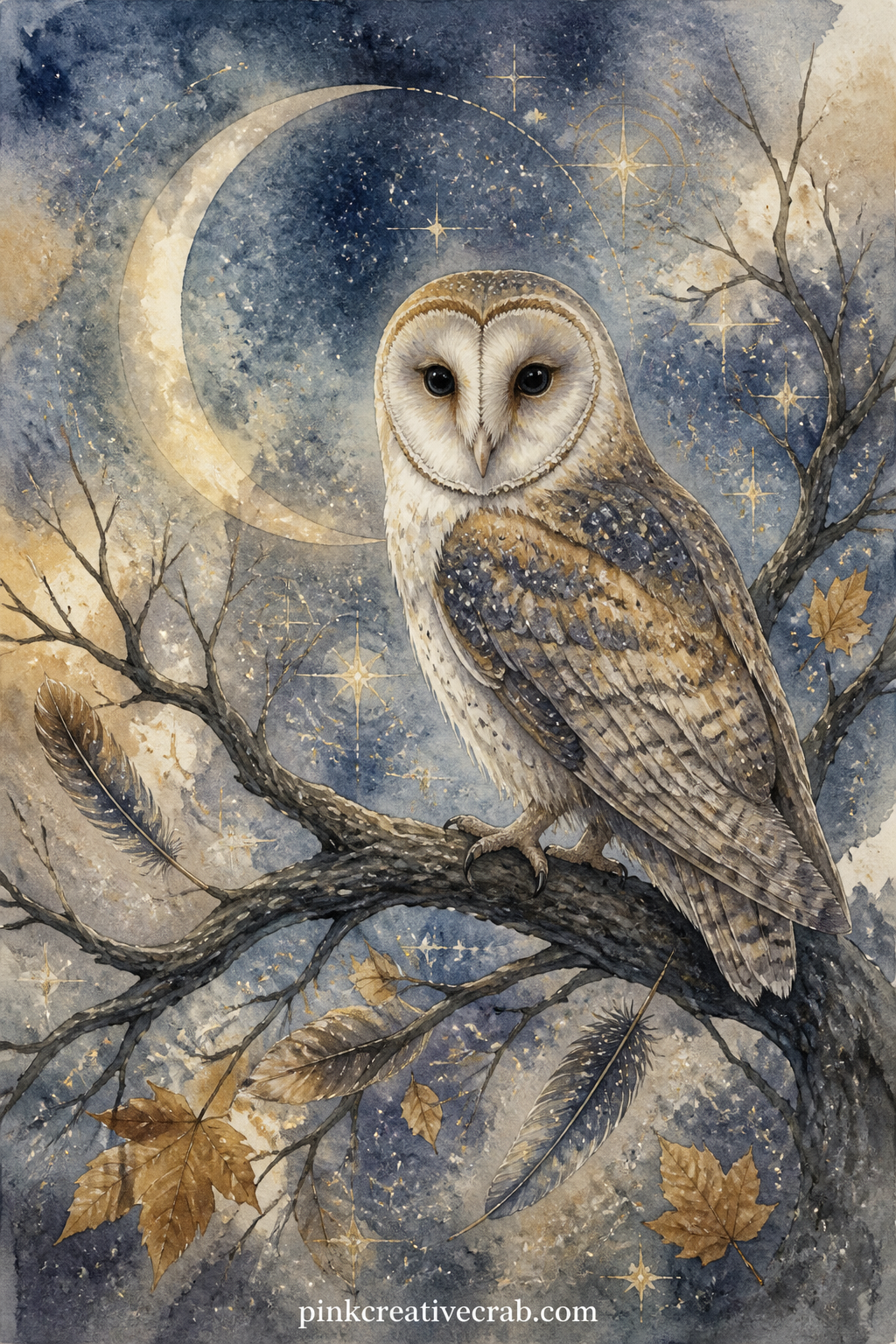 Owl on a Branch at Dusk printable page — An owl sits still on a bare branch against a thin crescent moon, a few stray feathers and a scatter of fallen leaves