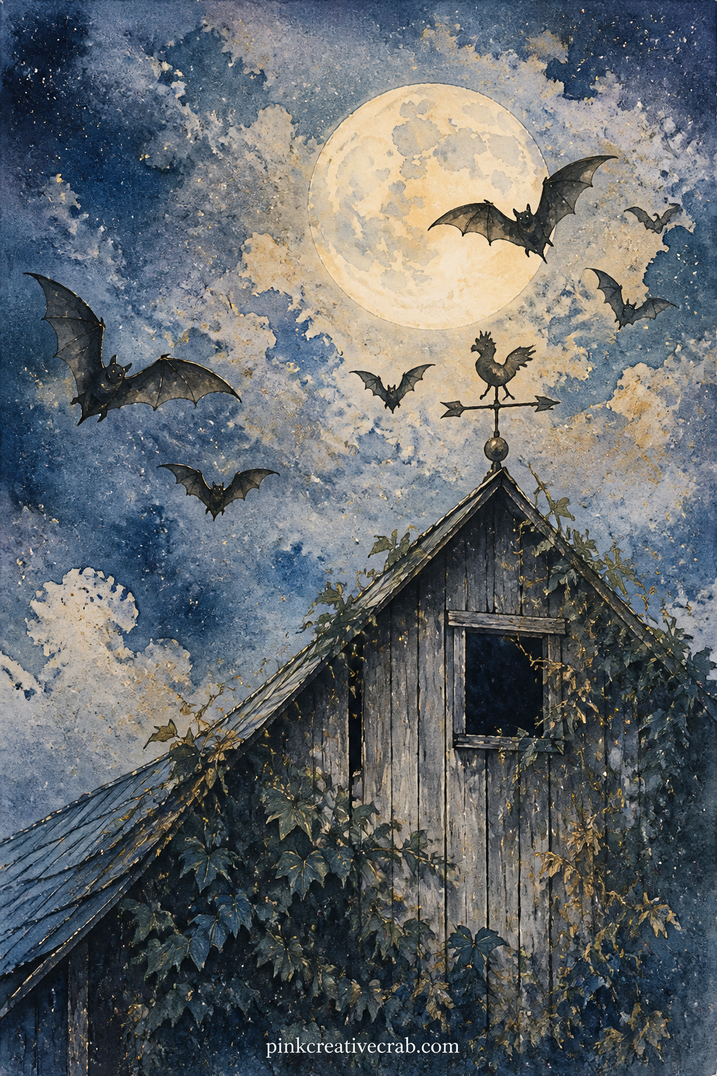 Bats Over a Moonlit Barn printable page — A handful of bats wheel above an old barn roof under a near full moon, with a weathervane and a cluster of climbing