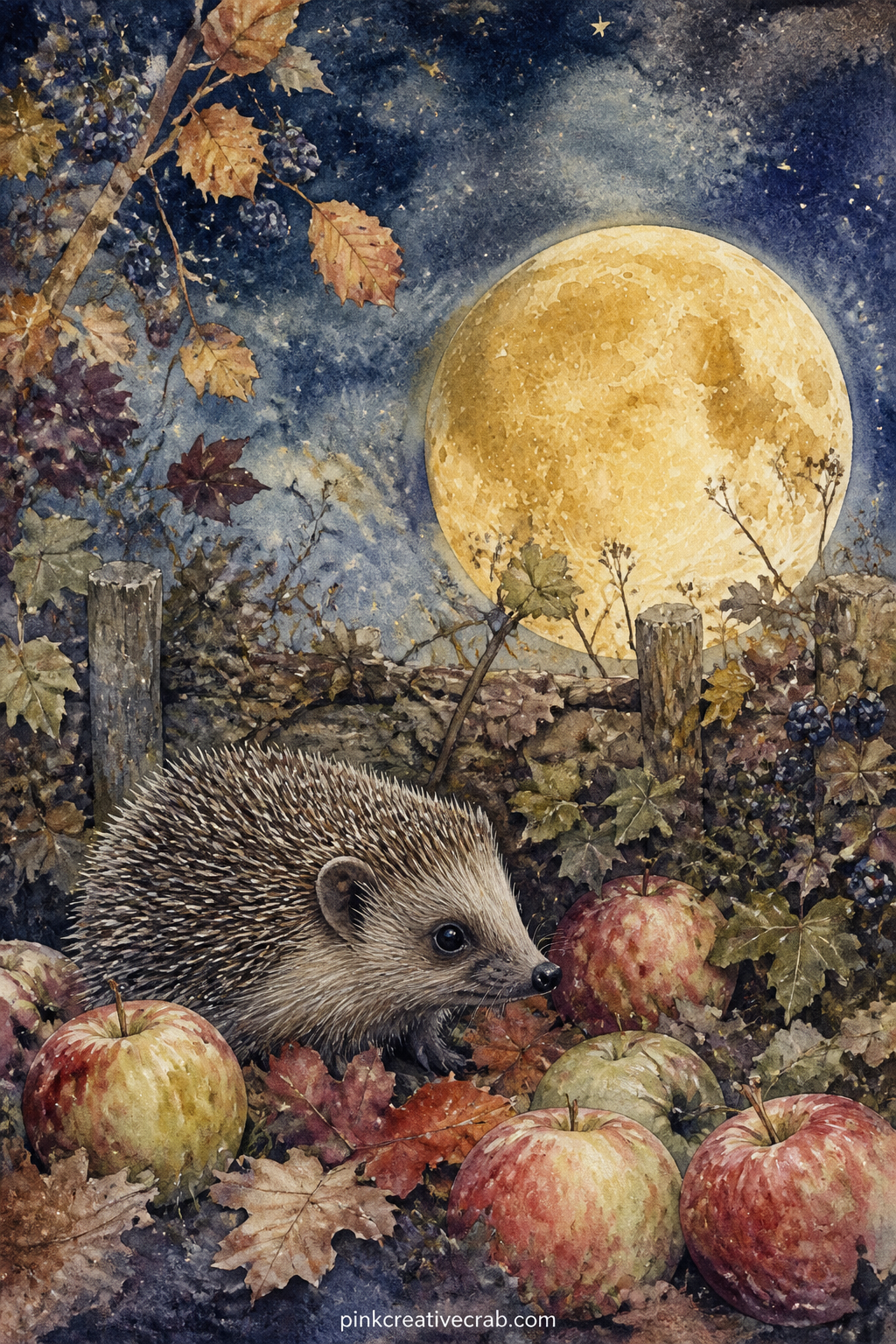 Hedgehog Under a Harvest Moon printable page — Who is this page for in a gift journal: the friend who keeps a kitchen garden, since the hedgehog sits among