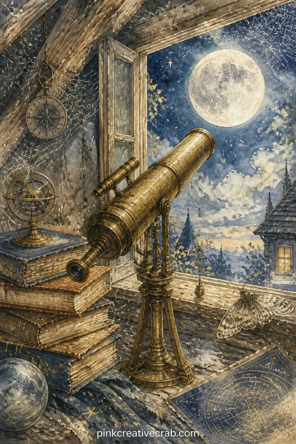 Telescope in an Attic Window printable page — Try tea-staining just the bottom edge of this page before gluing it in: a faint brown line along the windowsill