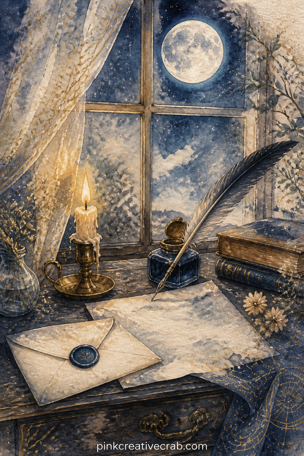 Writing Desk by Candlelight printable page — A short prompt for this page: what would you write to someone far away tonight, under the same moon they can also