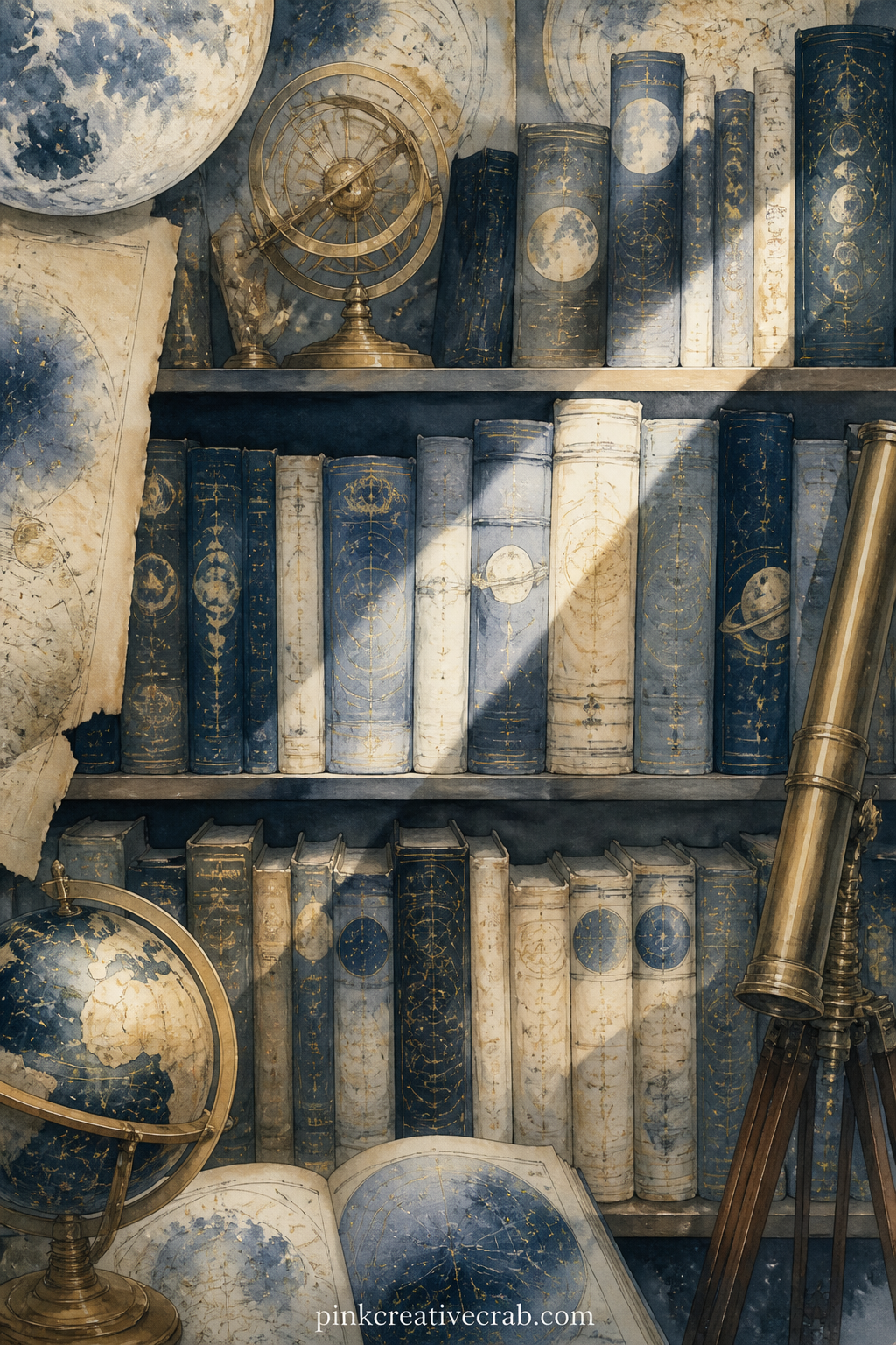Bookshelf of Star Atlases printable page — Pair this page with the constellation map a few pages back: fold a corner of that chart so just its edge peeks from