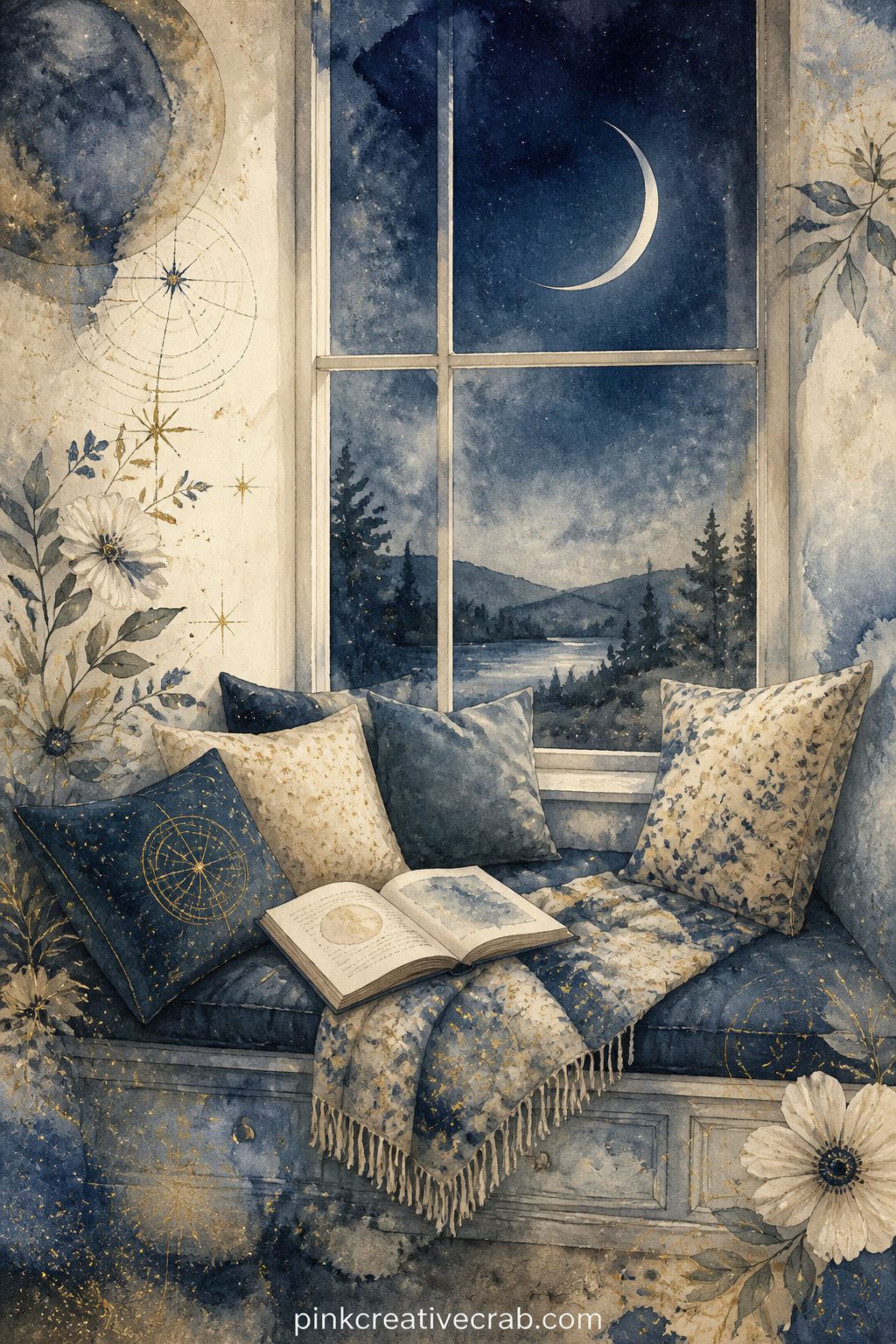Window Seat Under a Crescent Moon printable page — The usual mistake with a window scene is painting the glass too flat. Moon junk journal