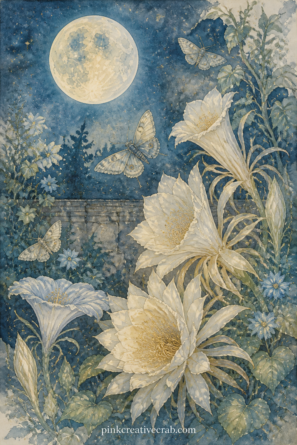 Moon Garden with Night Blooms printable page — Give this page a five minute version: paint only the central moonflower bloom in full colour and leave the