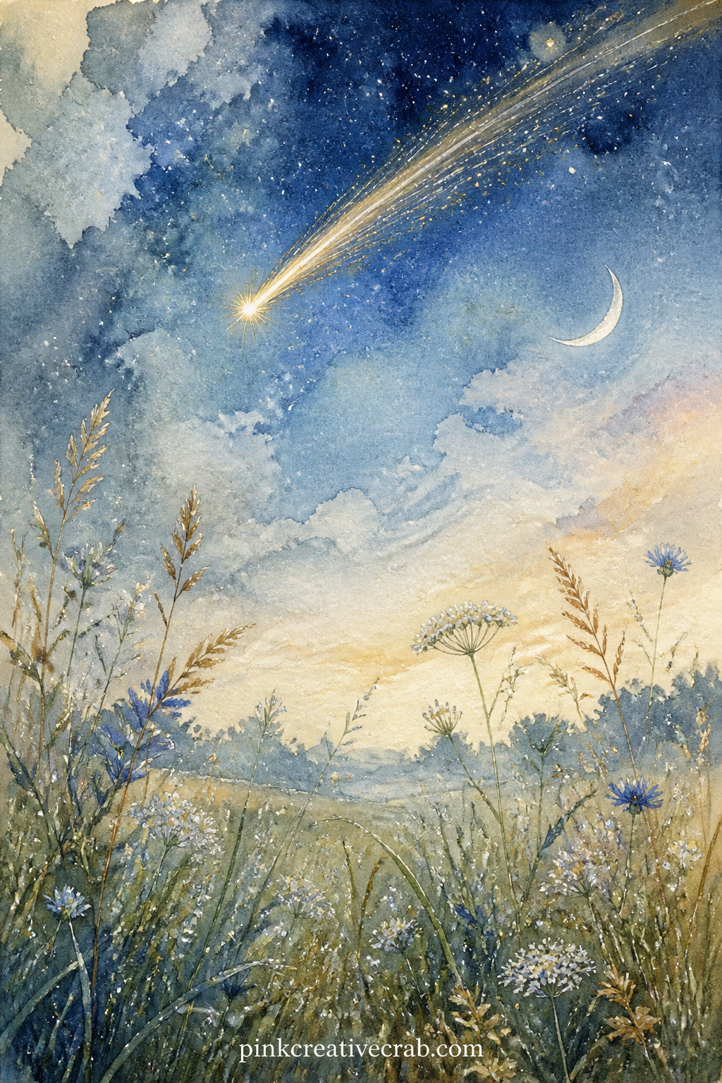 Shooting Star Over a Meadow printable page — A single shooting star streaks above a quiet meadow, its light caught in the dew on the grass below and a thin