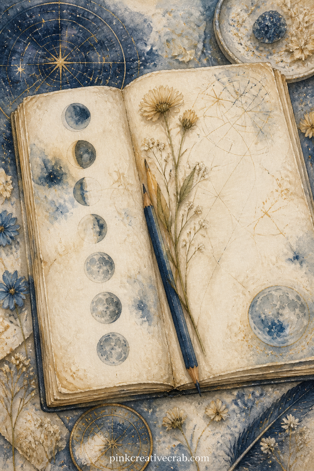 Moon Phases Pressed in a Diary printable page — What to tuck onto this page: a torn calendar scrap, a pressed flower or a small ticket stub, laid along the