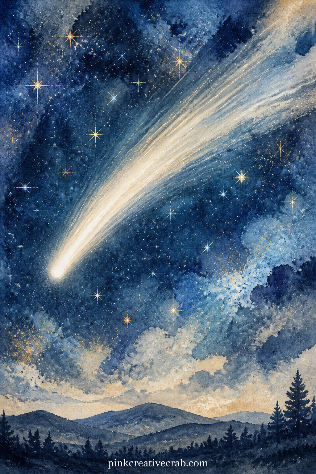 Comet Streaking Past the Stars printable page — A pale comet arcs across a field of small stars, its tail trailing behind it in a soft curve, with a distant