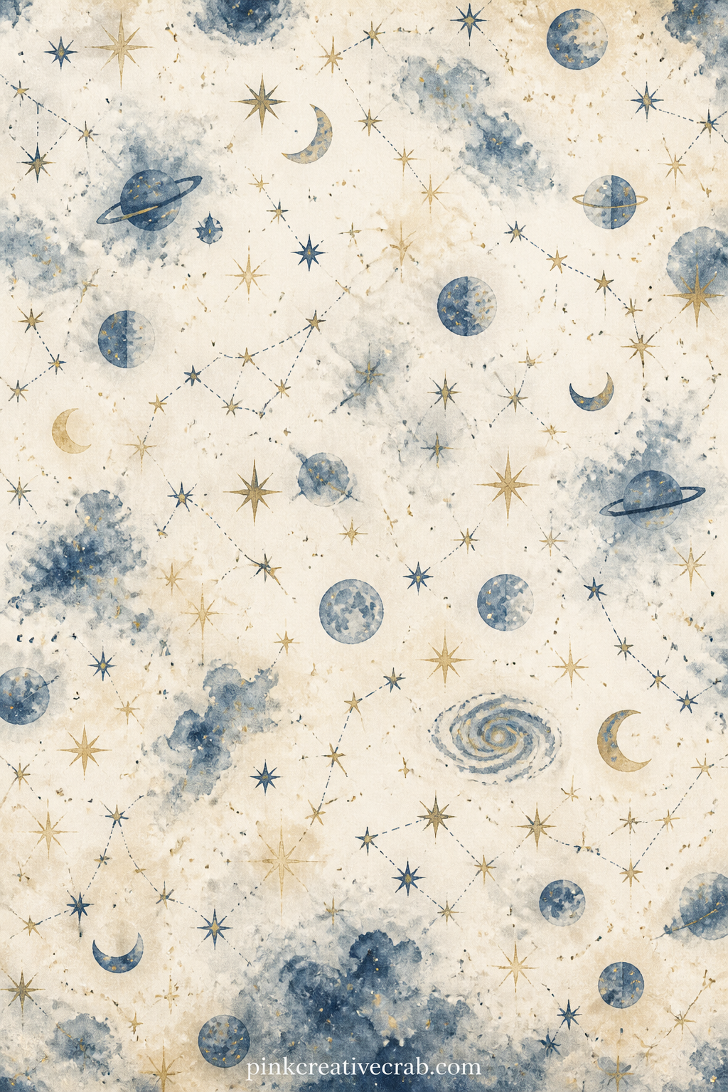 Stars and Constellations Pattern printable page — Small stars and faint constellation lines scatter evenly across deep indigo and cream, ready to sit under a