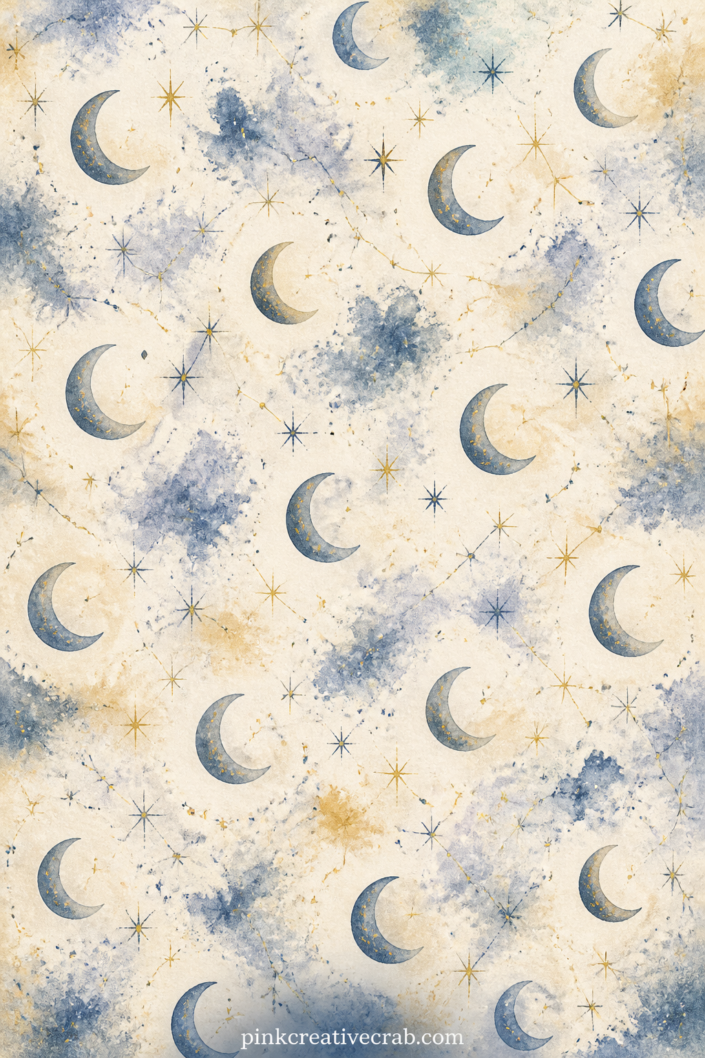 Crescent Moon Toss Pattern printable page — Tiny crescent moons drift in loose rows across soft gold and dusty blue, good as a cover sheet, a backing for a