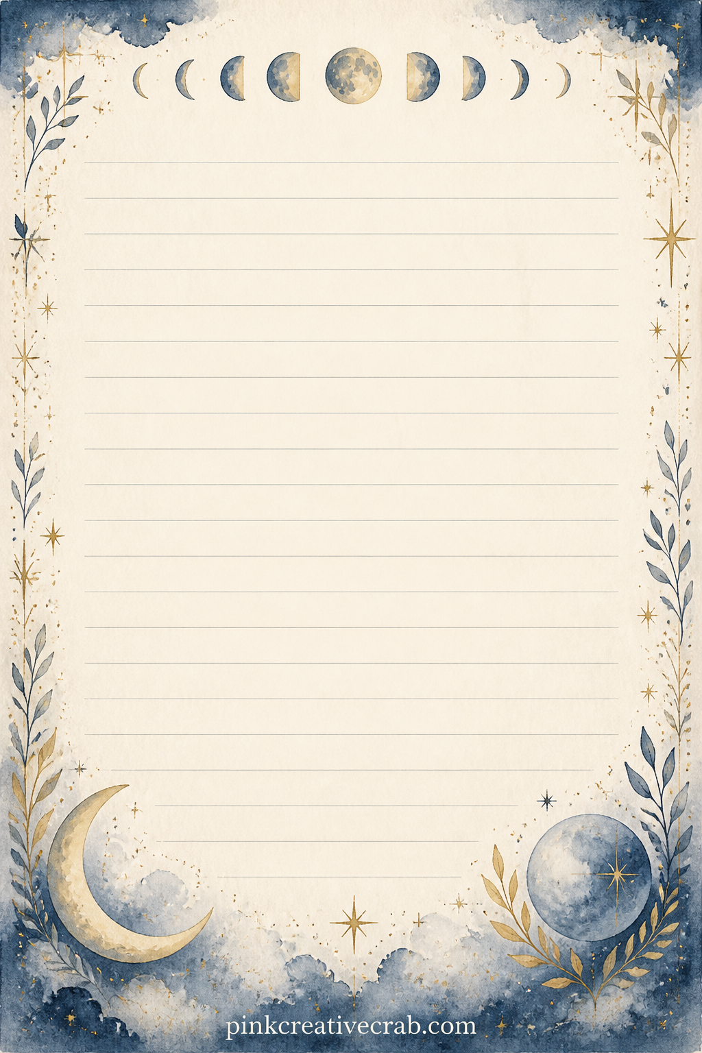 Moon Phase Diary Lined Page printable page — A narrow border of small moon phases runs along the top edge, with faint ruled lines below for the night's