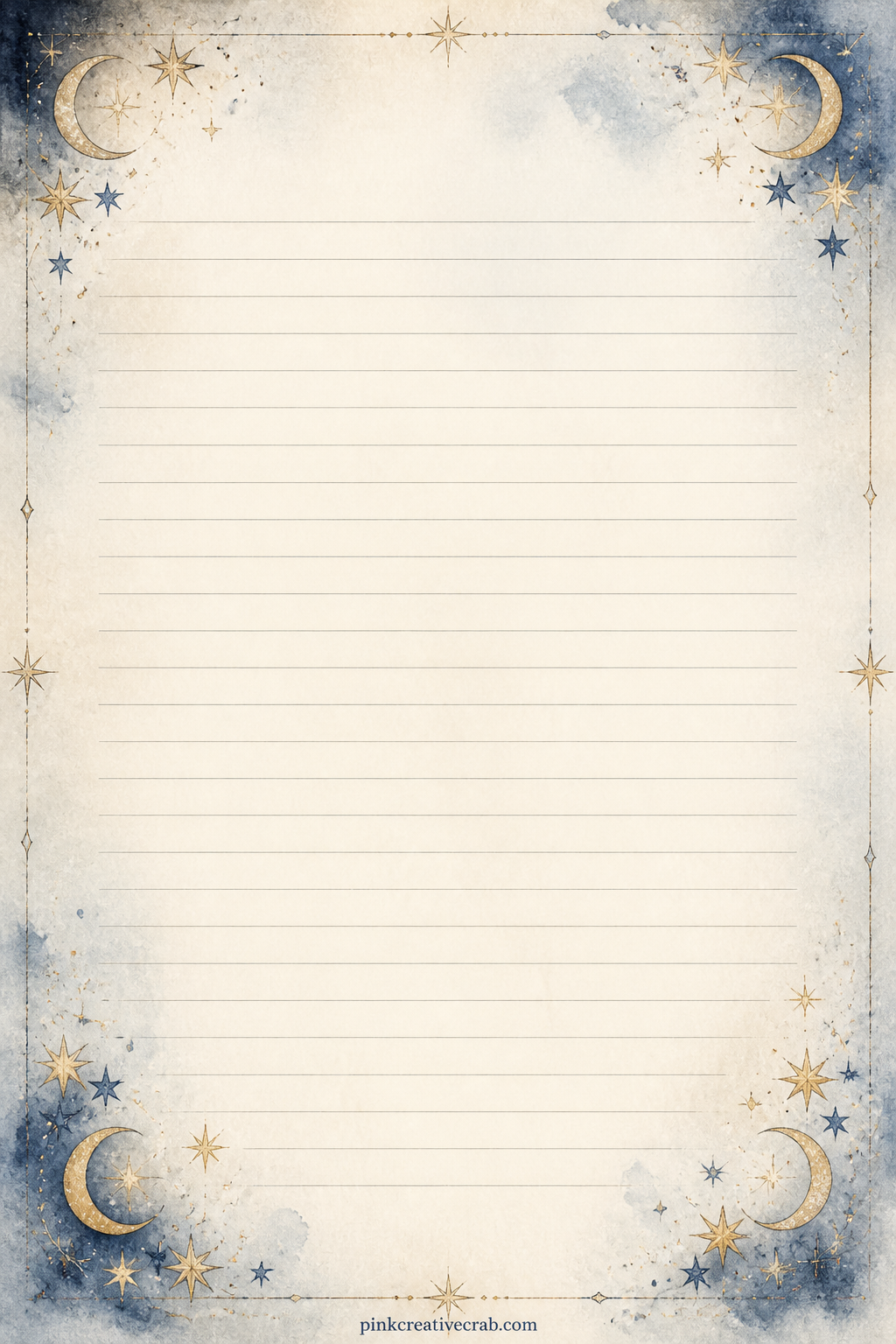Starry Corner Sprays Lined Page printable page — Each corner holds a small spray of stars and a thin crescent, leaving the centre open for a gift list, a
