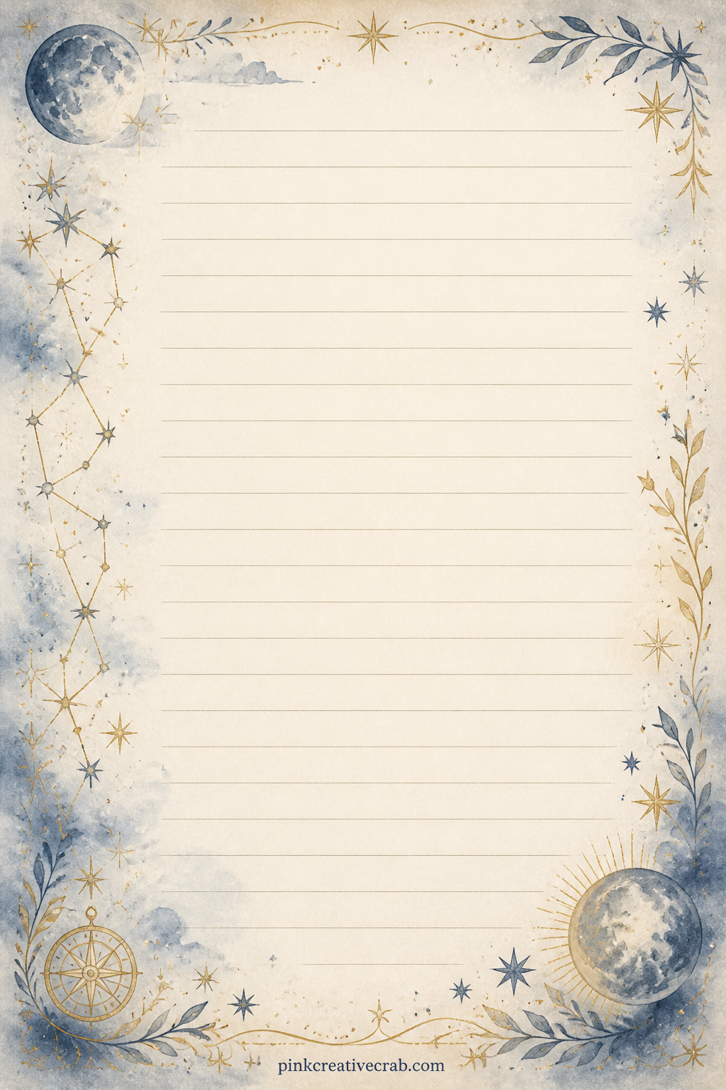 Constellation Band Lined Page printable page — A thin band of faint constellation lines runs down the left edge, with the rest of the page ruled for a packing