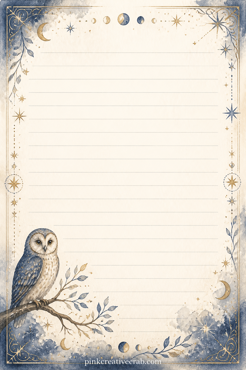 Owl and Branch Frame Lined Page printable page — A small owl perched on a branch sits in one corner inside a delicate frame, with ruled lines below for a quiet