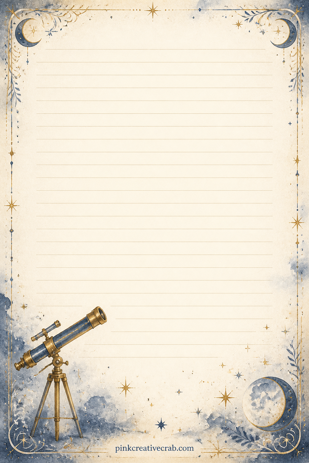 Telescope Border Lined Page printable page — A slender telescope and a scatter of stars trail along the bottom edge, leaving space above for a star you