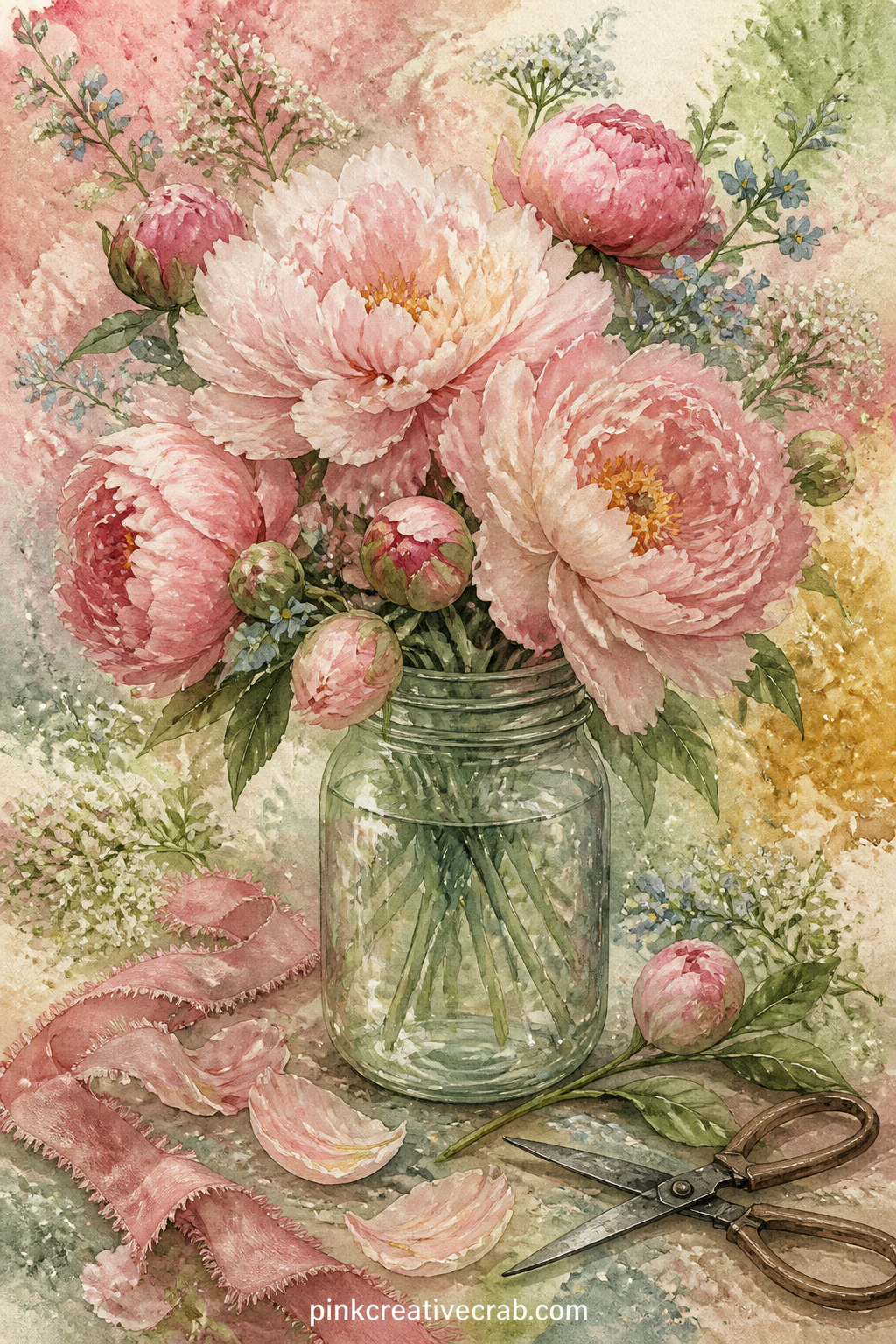 Peony Bouquet In A Glass Jar printable page — Tuck a small handwritten note under the jar, naming where the peonies came from or who gave them, and the page