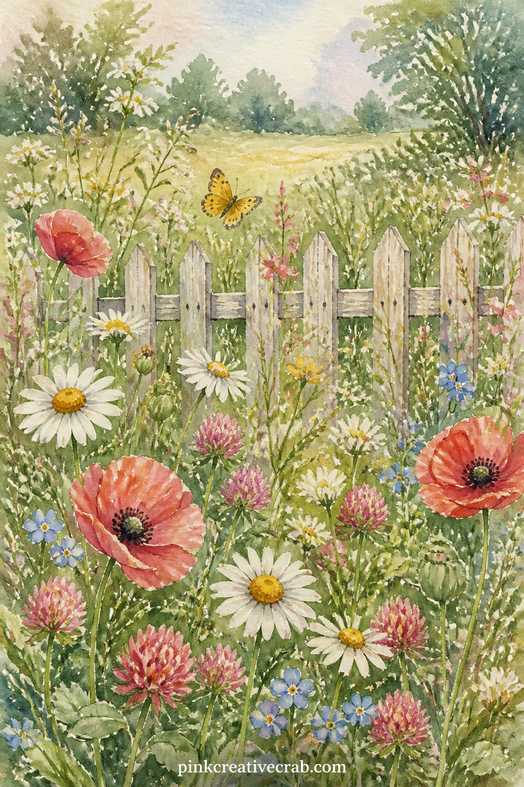 Wildflower Meadow With Picket Fence printable page — Pair this meadow with the forget-me-not pattern page later in this set, using the pattern as a facing page