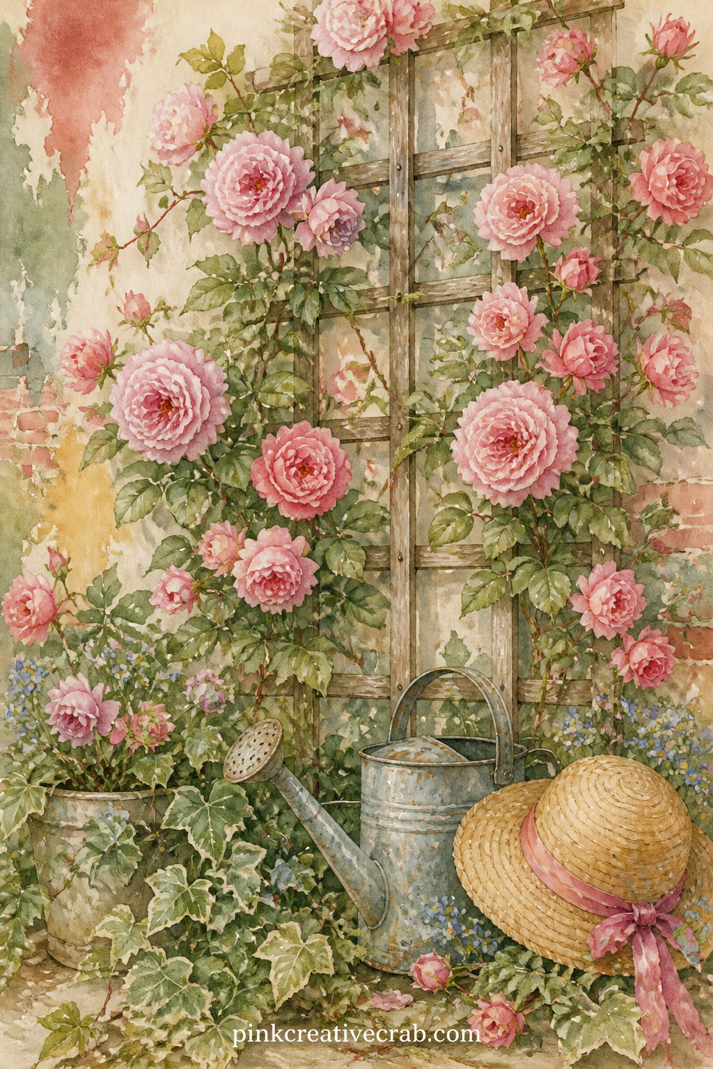 Rose Garden Trellis printable page — Climbing roses over a wooden trellis make a tall centre image, with a watering can, a sun hat and a trailing vine worked