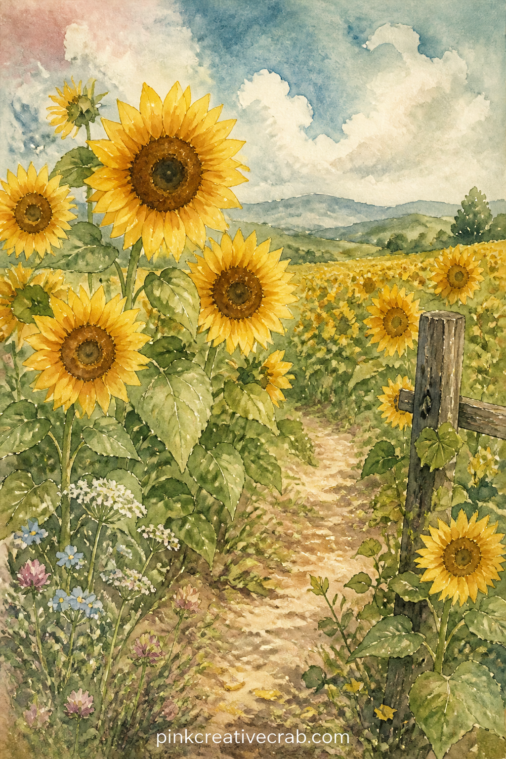 Sunflower Field At Noon printable page — A common mistake is leaving the sky blank white behind tall sunflowers, which makes the page feel unfinished, so look