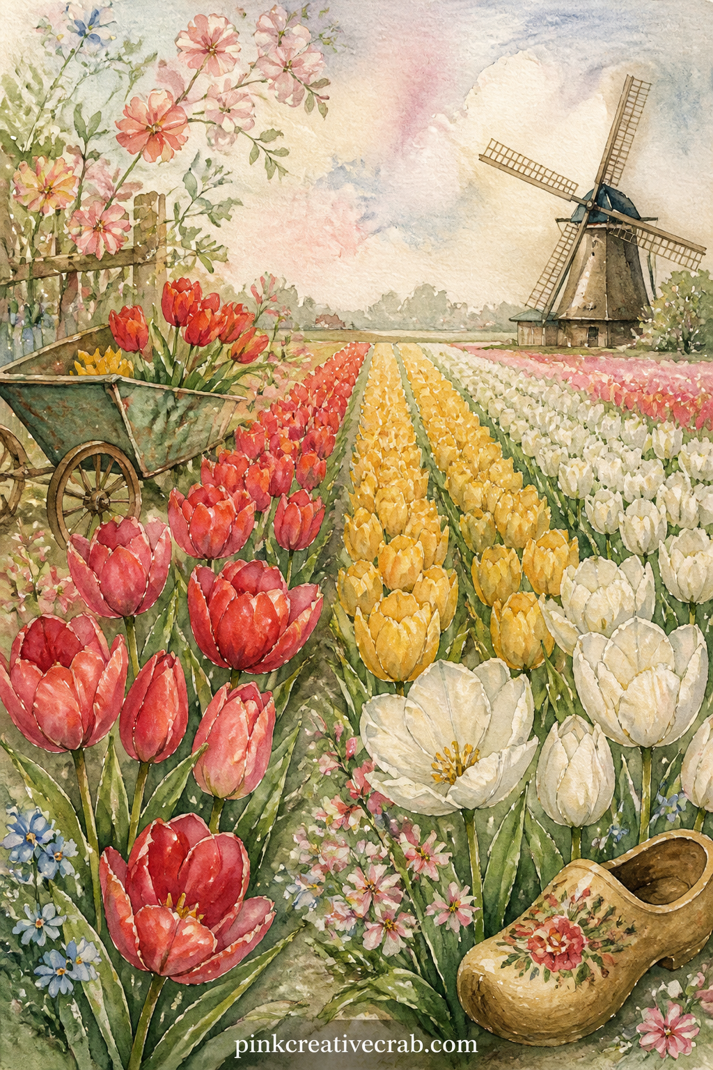 Tulip Rows In A Dutch Garden printable page — Give this page to the reader of the journal who loves orderly things, since neat rows of tulips in red, yellow