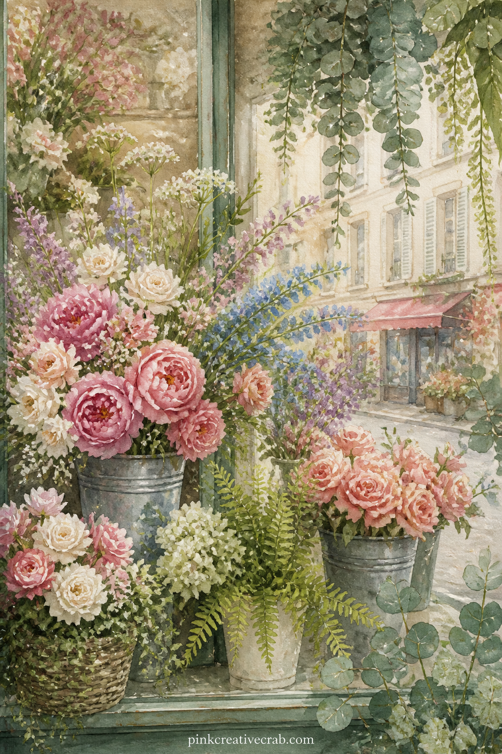 Florist Shop Window Display printable page — What would you buy from this window, and for whom. Junk journal flowers
