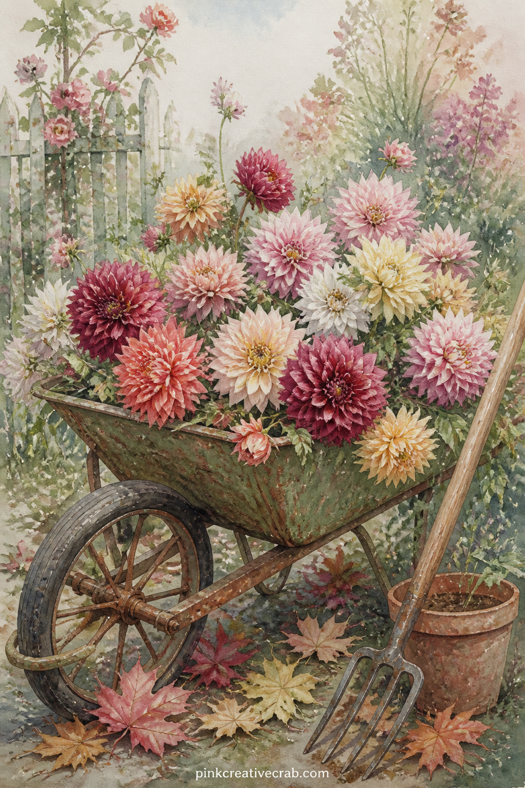 Wheelbarrow Of Cut Dahlias printable page — For the five minute version, colour only the dahlia heads in the wheelbarrow with a marker over the printed outline