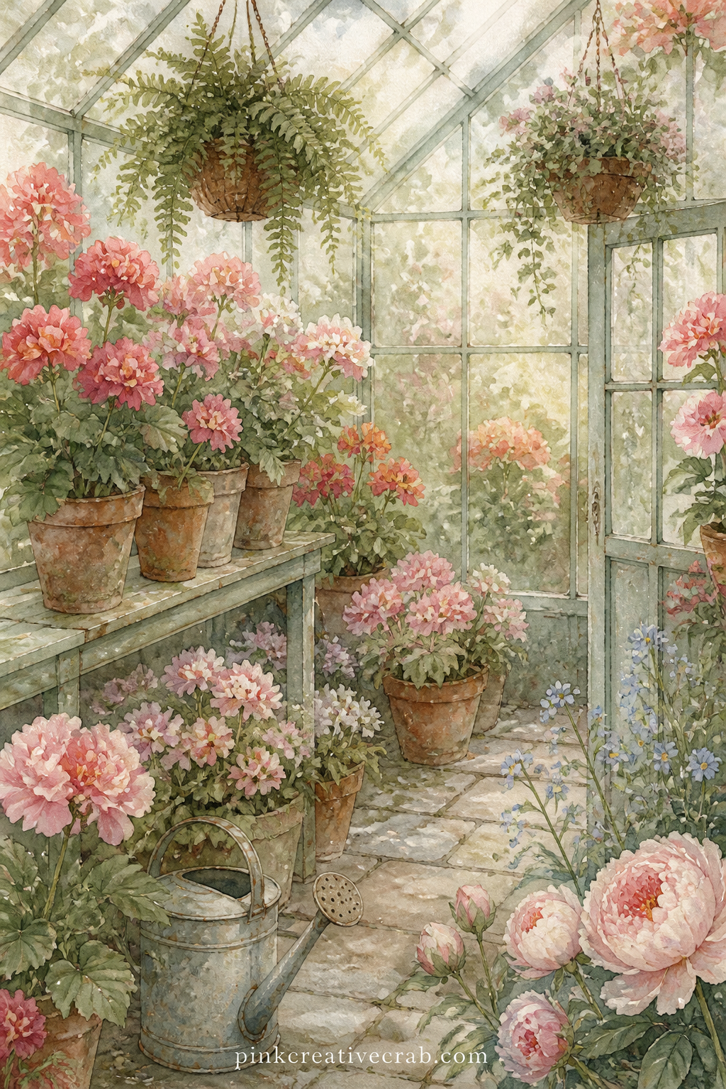 Greenhouse Of Potted Blooms printable page — Tear the right edge of this page unevenly before gluing it in, so the greenhouse panes seem to continue past the