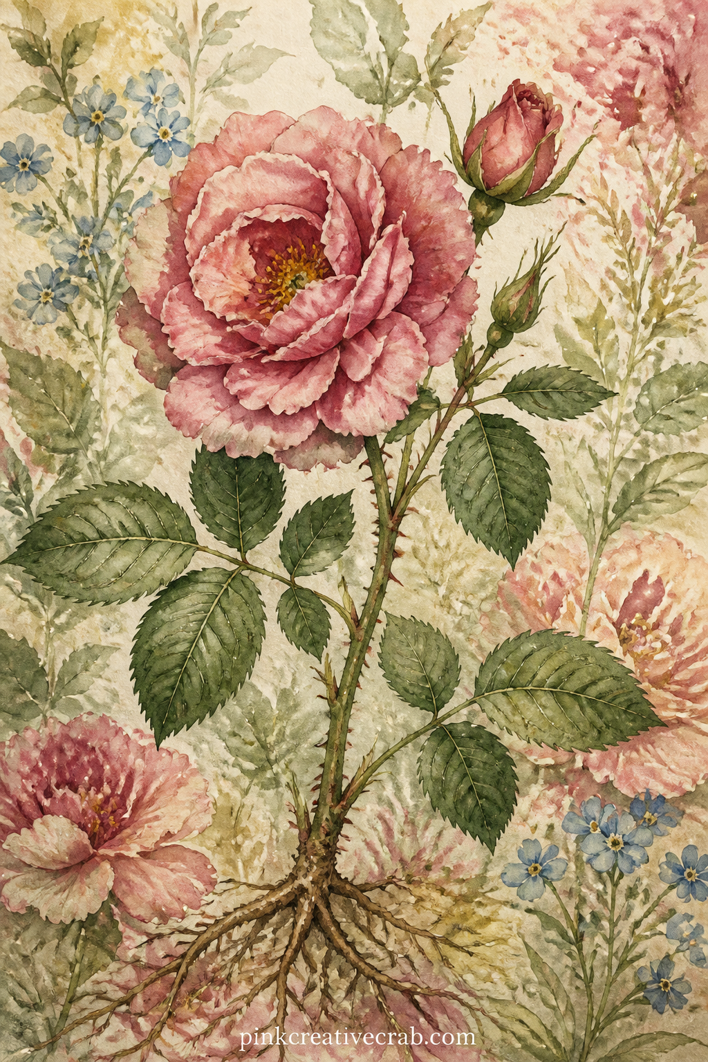 Botanical Plate Of Roses printable page — Curl the edges of this page gently around a pencil before gluing it flat, to echo the look of an old pressed