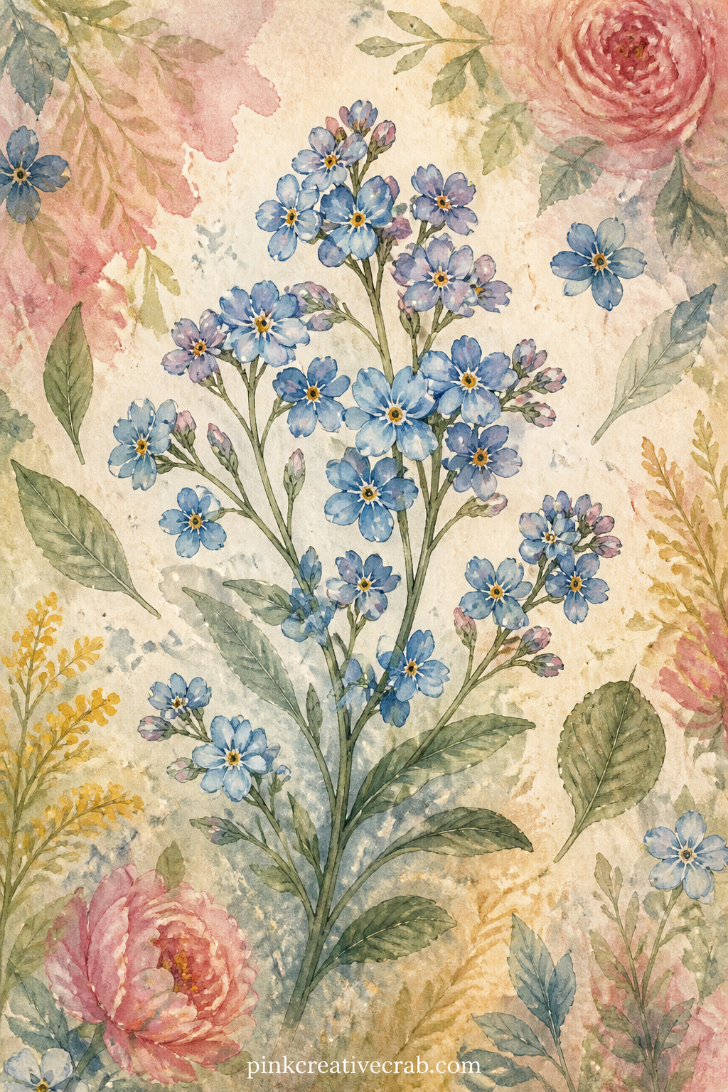 Botanical Plate Of Forget-Me-Nots printable page — Glue a scrap of pale blue ribbon or thread along the bottom margin of this plate, since forget-me-nots on