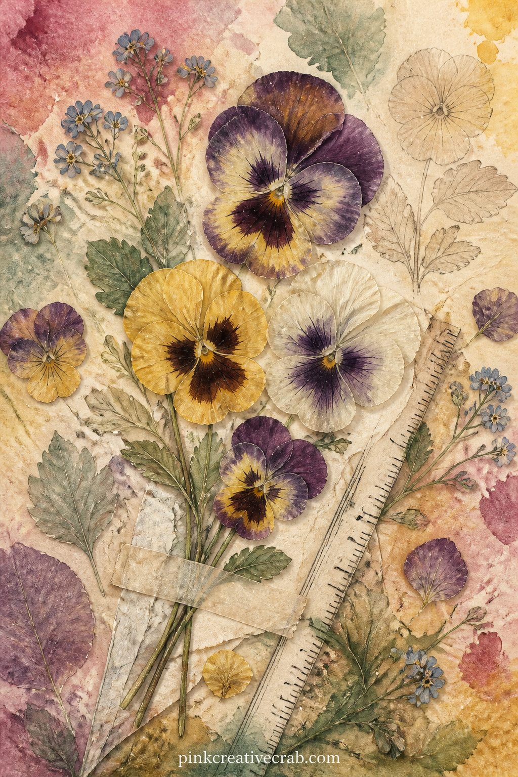 Pressed Pansy Collection printable page — Stain the edges of this page with a damp tea bag before it dries fully, which darkens the border and makes the
